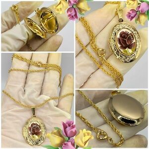 Vintage Style Gold Tone Rose Cameo Filigree Oval Locket Necklace